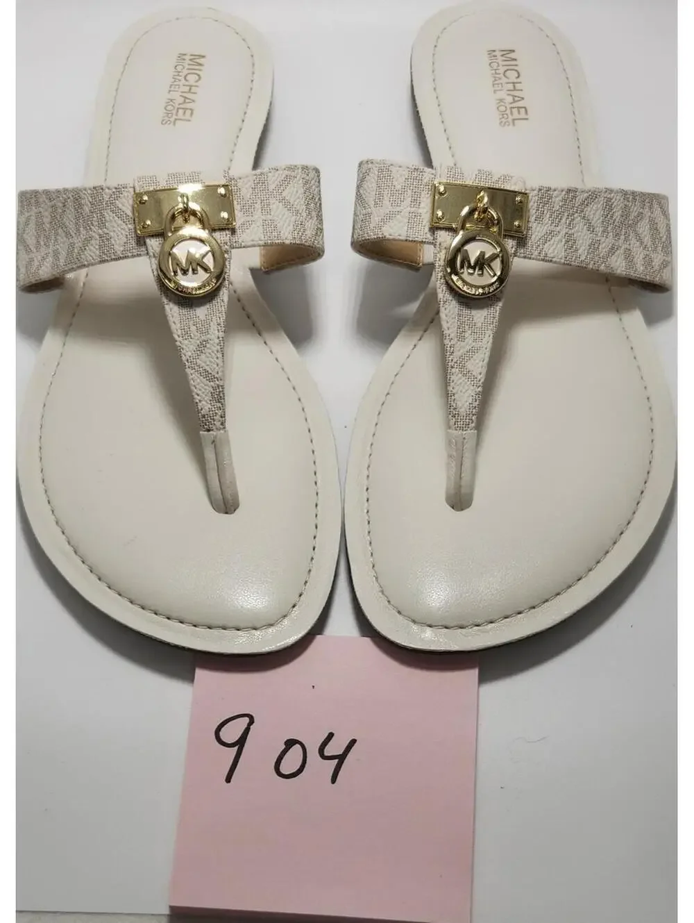 Michael Kors Women's Logo Thong Sandals Beige Gold MK Charm Slip-On 7.5 - Picture 1 of 4